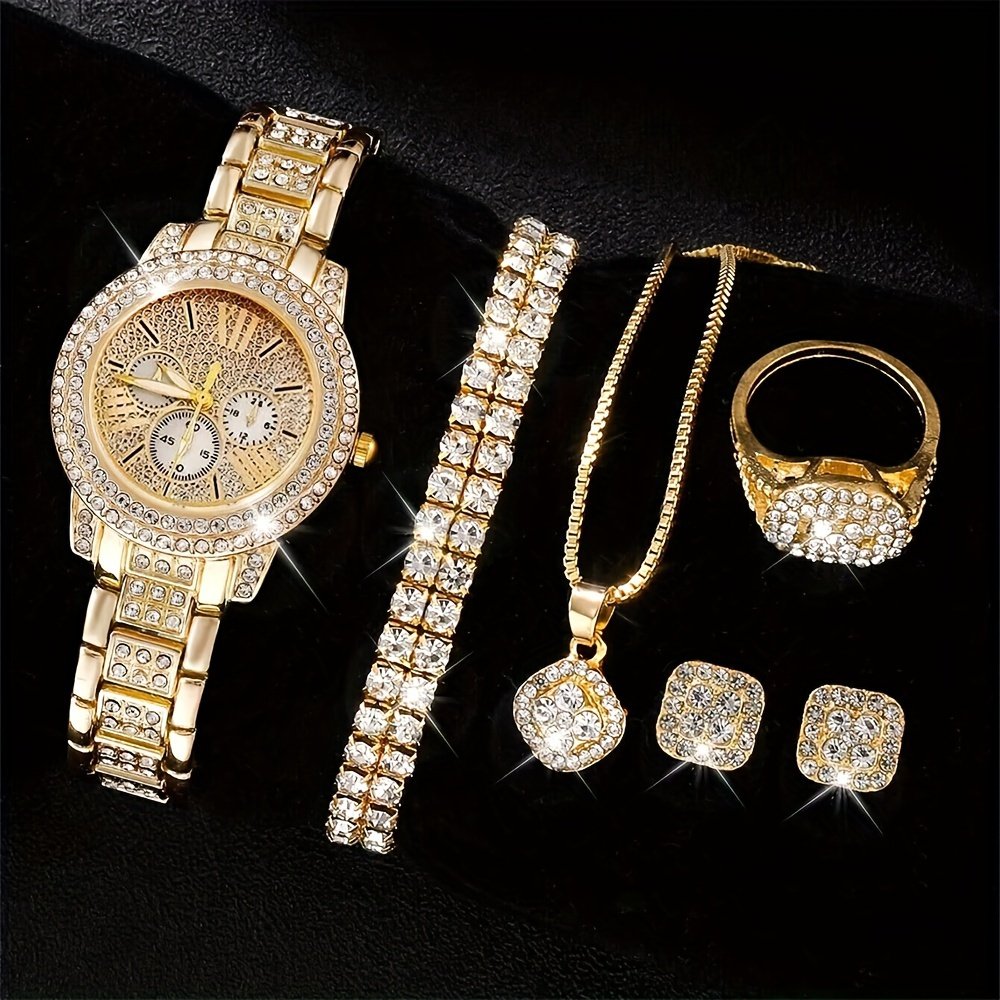 Ensemble Montre sans boîte 6 pièces, avec Bracelet Chaîne et Collier Classique, Style Élégant et Simple, Cadeaux Hommes
