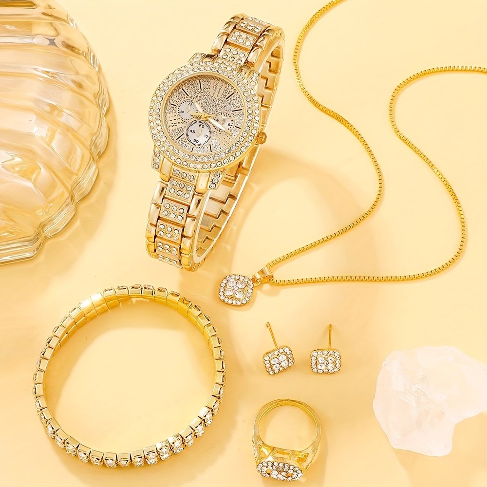 Ensemble Montre sans boîte 6 pièces, avec Bracelet Chaîne et Collier Classique, Style Élégant et Simple, Cadeaux Hommes