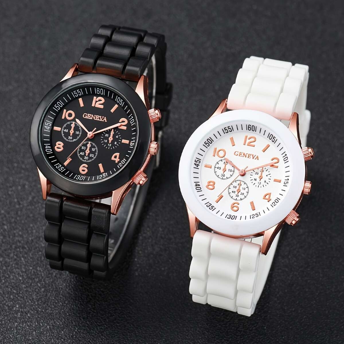 Montre en silicone noir et blanc sans boîte style couple, et cordons de main noir et blanc (4 pièces/ensemble)