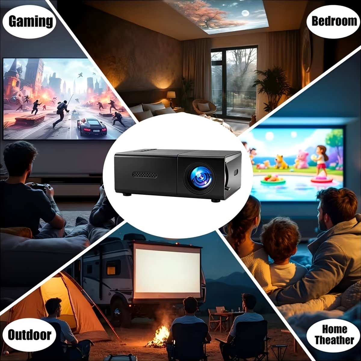 Mini Projecteur Intelligent avec Fonction de Correction d'Inclinaison et de Rotation à 180°, Haut-parleur Intégré, Compatible avec USB