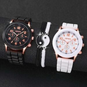 Montre en silicone noir et blanc sans boîte style couple, et cordons de main noir et blanc (4 pièces/ensemble)