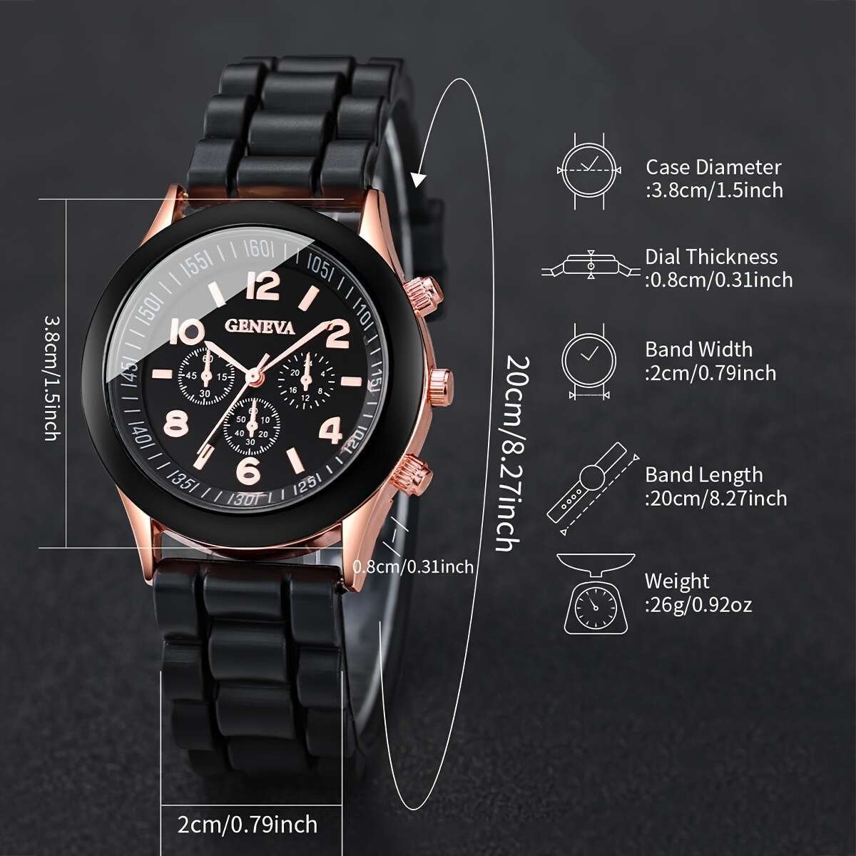 Montre en silicone noir et blanc sans boîte style couple, et cordons de main noir et blanc (4 pièces/ensemble)