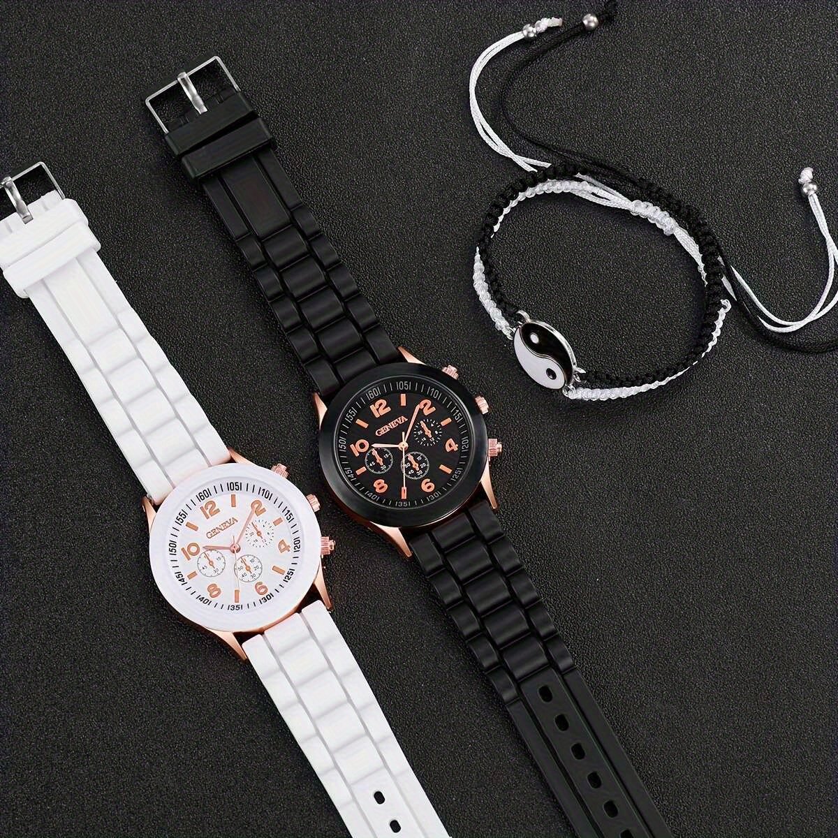 Montre en silicone noir et blanc sans boîte style couple, et cordons de main noir et blanc (4 pièces/ensemble)