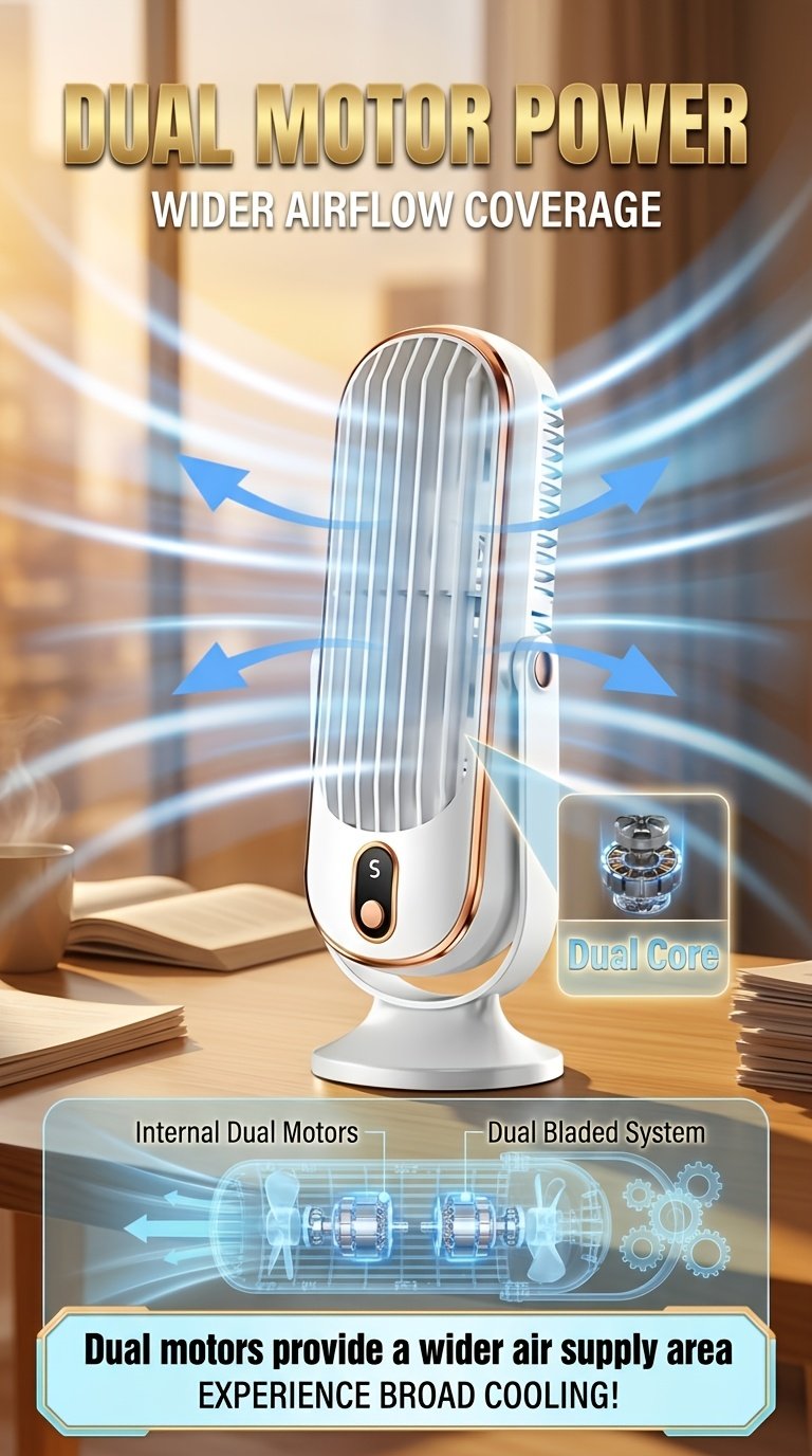 Ventilateur portable USB rechargeable, batterie longue durée, 5 vitesses, brise fraîche et silencieuse, utilisation intérieure/extérieure