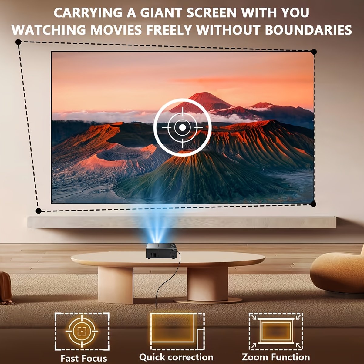 Mini Projecteur Intelligent avec Fonction de Correction d'Inclinaison et de Rotation à 180°, Haut-parleur Intégré, Compatible avec USB