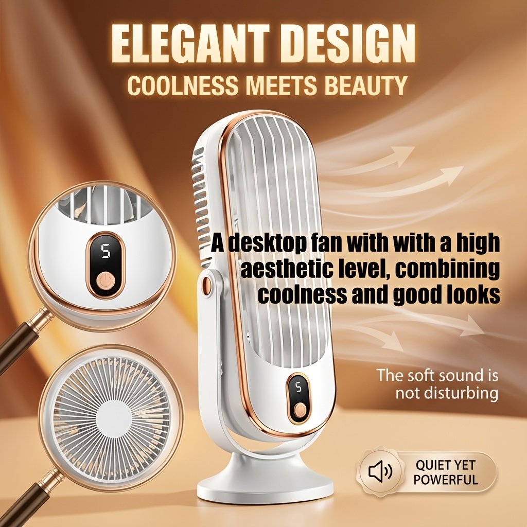 Ventilateur portable USB rechargeable, batterie longue durée, 5 vitesses, brise fraîche et silencieuse, utilisation intérieure/extérieure
