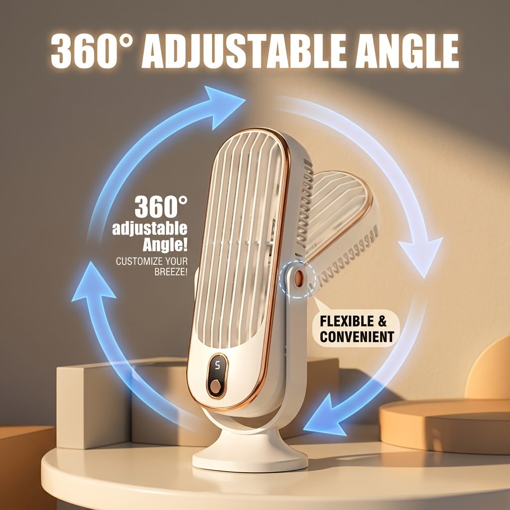Ventilateur portable USB rechargeable, batterie longue durée, 5 vitesses, brise fraîche et silencieuse, utilisation intérieure/extérieure