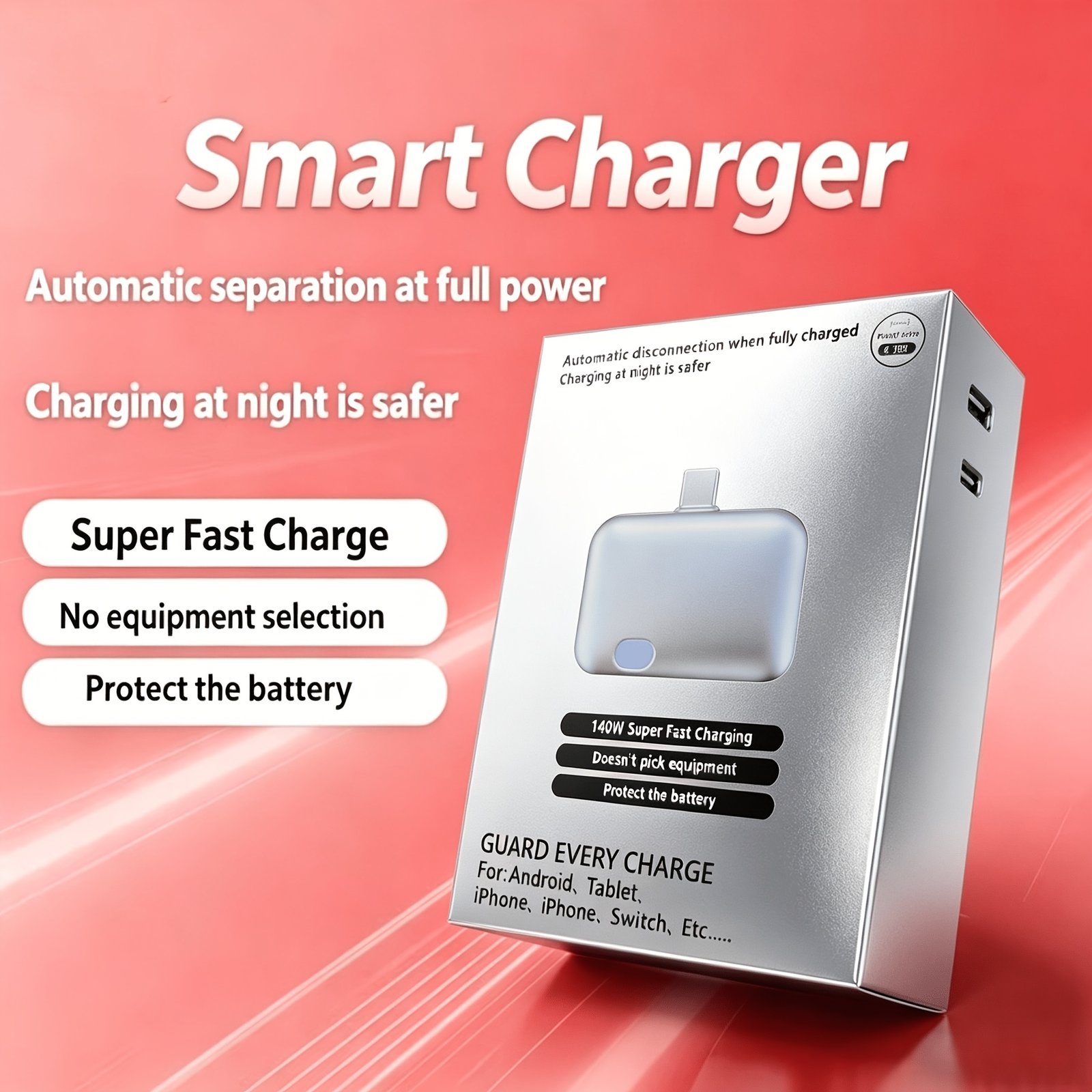 Chargeur de nuit Anti-Surcharge Séparateur Intelligent 140W Charge Rapide Arrêt Automatique ,Sécurisée, Câble Type-C